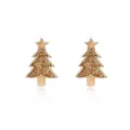 Detailed macro view of sparkling Christmas tree stud earrings with gold glitter finish - Golden Christmas Tree