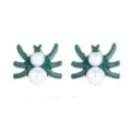 Fun Halloween spider stud earrings with green enamel frame and white pearl beads - Green Spider Stud Earrings