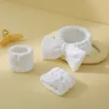 Juego de diadema y muñequeras de felpa blanca para spa, lavado facial, suave y absorbente diario. - Blanco blanqueado