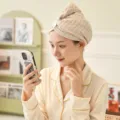 Waffle dry hair cap for women thick absorbent shower head towel turban with button design - 65*25cm / Coffee