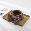 Brown plush bow hairband for women, soft microfiber face washing makeup spa headband. - Burgundy
