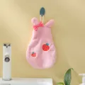 Cute pink hanging coral fleece hand towel with bunny ears and strawberry embroidery. - 28*17cm / Pink