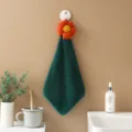 Hanging coral velvet hand towel with cute cartoon flower design, highly absorbent wiping cloth. - Dark Green