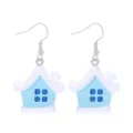 Sweet light blue glittery resin house drop earrings for Christmas holiday season jewelry - Blue Snowy House