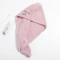 Soft pink coral fleece hair drying towel with starry sky embroidery and button closure - Cosmic Embroidery Style / 65x25cm / Pink