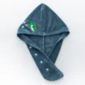 Blue coral fleece hair drying cap with cute dinosaur embroidery for quick absorbent drying - Crocodile Embroidery Style / 65x25cm / Navy Blue