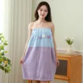 Coral fleece wearable bath towel for women, color-blocked strapless bath dress with cute flower decor. - Bath Skirt / Purple