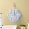 Blue cat paw hanging hand towel, soft coral fleece kitchen absorbent bathroom cleaning cloth - 20x20cm / Sky Blue