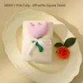 Soft off-white coral fleece square towel with decorative 3D pink tulip and ribbon - Pink Tulip Style (S8069-1) / 30*30cm / Off White