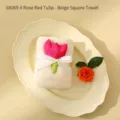 Soft coral fleece square towel in off-white with pink 3D tulip and a white ribbon - Orange Tulip Style (S8069-4) / 30*30cm / Off White