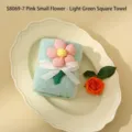 Light green coral fleece gift square towel featuring a soft pink 3D plush flower and ribbon - Pink Little Flower Style (S8069-7)