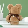 Cute brown coral velvet bear shaped towel, 30x30cm square face towel with gift ribbon. - Brown with Beads