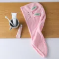 Pink coral fleece dry hair cap with cute rabbit ears embroidery, fast drying hair towel wrap. - 65x25cm / Pink Ear Rabbit
