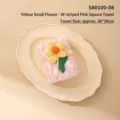 Soft pink striped coral fleece gift towel decorated with a yellow 3D flower and ribbon - Yellow Small Flowers
