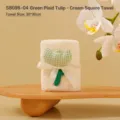Off-white coral fleece square towel with green plaid tulip for souvenir gifts - Green Grid Tulip (S8098-04)