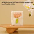 Premium off-white coral fleece gift towel with 3D orange plaid tulip and ribbon bow - Orange Plaid Tulip Style (S8098-02)