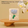 Cream white coral fleece square towel with blue gingham tulip decoration, 30x30cm - Blue Plaid Tulip Style (S8098-05)