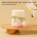 Soft off-white coral fleece square gift towel with pink tulip ribbon decor, 30x30cm - Ribbon Pink Tulip Style (S8099-01)
