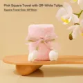 Pink coral fleece gift towel with ribbon tulip decoration, 30x30cm - Ribbon Cream Tulip Style