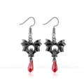 Retro Halloween bat earrings featuring red teardrop crystal charms in black finish - Red Crystal Bat Earrings