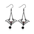 Gothic black bat drop earrings with red eyes and black beads for Halloween jewelry. - Chain Bat Earrings