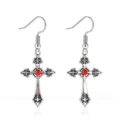 Vintage gothic silver cross hook earrings with red center bead detail for Halloween - Cross Earrings