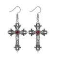 Vintage Gothic cross earrings with red center stone in antique silver finish - Cross