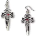 Vintage gothic dagger earrings with skull and red crystal accents in silver finish - Sword