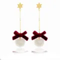 Festive gold snowflake drop earrings with red velvet bow and white fur pom-pom SKU - Bowknot Pom-poms