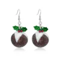 Festive glittery Christmas pudding dangle earrings with green holly leaves and red berries - Christmas Pudding