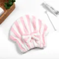 Pink white striped coral fleece dry hair cap with cute bow for quick drying soft towel - Stripe Pink / Cationic Beanie Hat 25*21CM