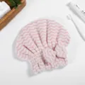 Coral fleece dry hair cap, pink striped water-absorbing hair drying towel with cute bow. - W-Stripe Pink / Cationic Beanie Hat 25*21CM
