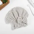 Coral fleece dry hair cap with wave pattern and cute bowknot, highly absorbent hair towel wrap. - W-Stripe Coffee / Cationic Beanie Hat 25*21CM