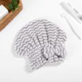 Coral velvet dry hair cap with cute bow and wave pattern, highly absorbent and soft shower hair towel. - W-Stripe Purple / Cationic Beanie Hat 25*21CM