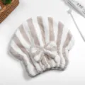 Coral fleece dry hair cap with cute bow and striped design, highly absorbent shower towel. - Stripe Coffee / Cationic Beanie Hat 25*21CM