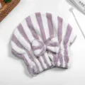 Purple white striped coral fleece dry hair cap with cute bow for fast water absorption. - Stripe Purple / Cationic Beanie Hat 25*21CM