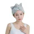 Grey coral fleece dry hair cap, cute cartoon animal design with button, soft quick-drying hair towel. - 65*25cm / Gray Fox