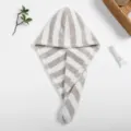 Coral fleece hair drying towel, white and grey striped quick dry cap for women and daily use. - 65x25cm Cationic Fabric / 2.5 Strips Coffee