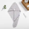 Grey and white striped coral fleece hair drying towel cap with button, fast drying. - 65x25cm Cationic Fabric / Pineapple Grid Purple