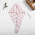 Pink and white striped coral fleece dry hair cap, super absorbent quick drying hair towel wrap. - 65x25cm Cationic Fabric / 2.5 Strips Pink