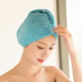 Soft blue microfiber coral fleece hair drying cap with button closure for women - Solid Color Style / 65x25cm / Lake Blue