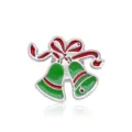 Feestelijke kerstbelbroche met rood lint en groen email op zilverlegering. - Dubbele Bel Brosche