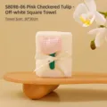 Decorative cream coral fleece square towel featuring pink checkered tulip and white bow - Pink Plaid Tulip Style (S8098-06)