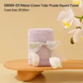Soft purple coral fleece square gift towel with elegant cream tulip ribbon decoration - Ribbon Cream Tulip Style (S8099-03)
