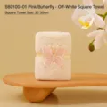 Premium cream coral fleece gift square towel with 3D pink butterfly decoration, 30x30cm - Pink Butterfly Style