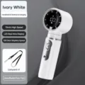 Handheld portable mini fan with digital LED display, 100-speed adjustable, white USB cooling fan. - Digital Display Folding Neck Hanging / Ivory