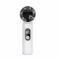 Detail view of portable mini handheld fan with digital display and sleek white finish for cooling. - White