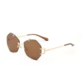 Irregular rimless sunglasses with brown lenses and gold metal double bridge. - Dark Brown