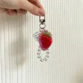 Detail view of strawberry keychain with clear crystal beads and ice cube charm - Strawberry (yc-5343-Strawberry)