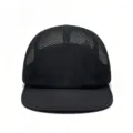 Front view detail of a black five-panel mesh cap with breathable panels for summer - One Size(Adjustable) / Black 5-Panel Mesh Hat / Black